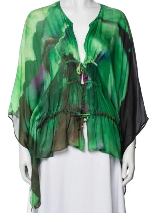 Roberto Cavalli Green Watercolor Green Silk Batwing Women’s Blouse Top Sz One Sz - Picture 10 of 16